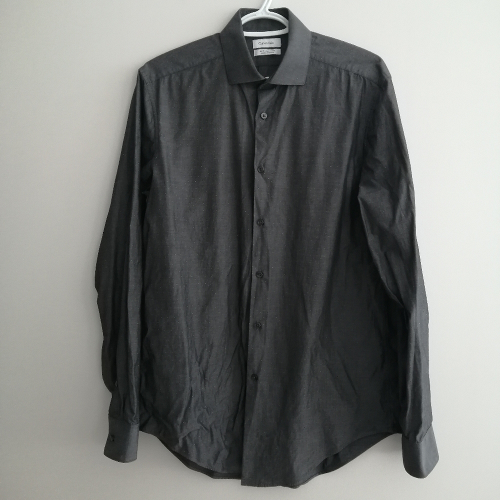 Calvin Klein Slim Fit Dress Shirt Gray Dot Print 15.5 34/35